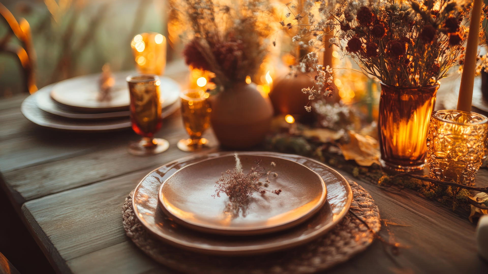 rustic Thanksgiving wallpaper aesthetic with ceramic plates and amber candlelight