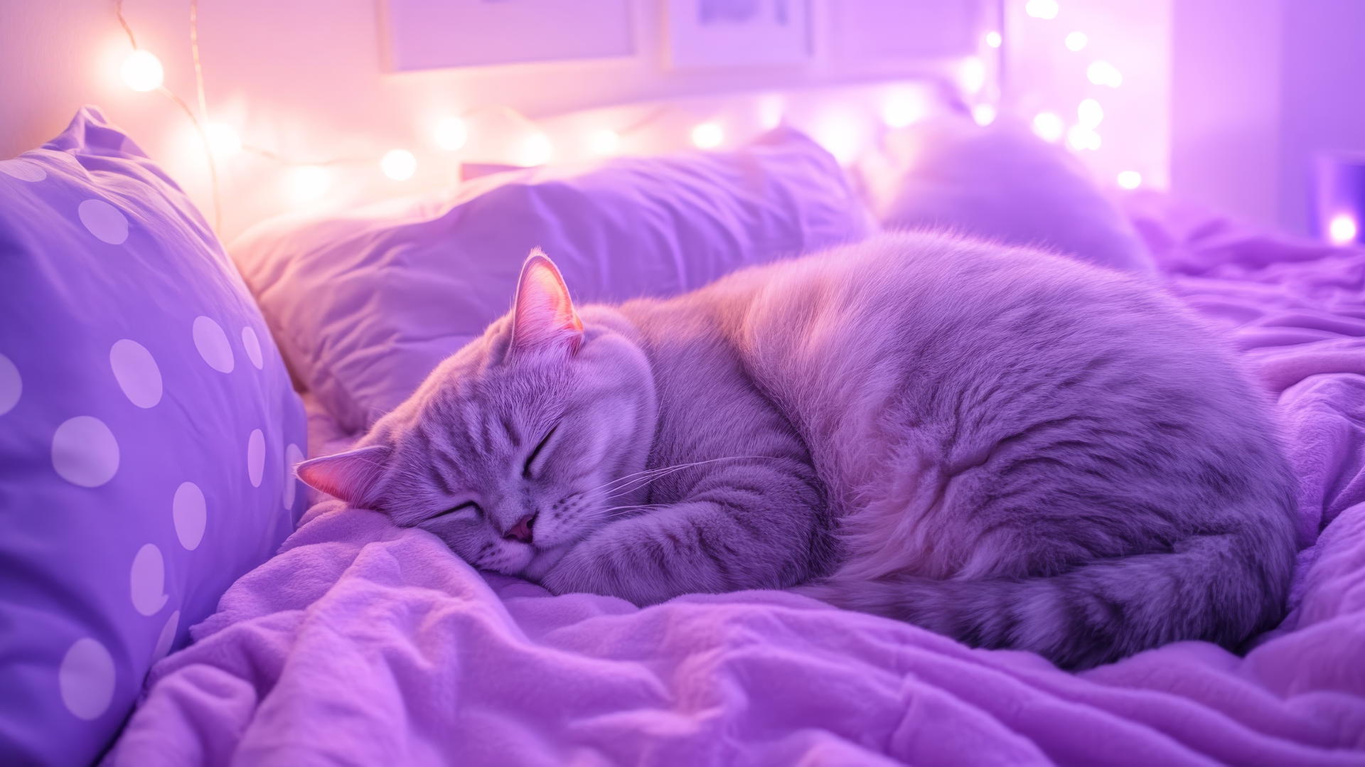 cute purple aesthetic wallpaper with polka dot pillows, a sleepy cat, and lavender lighting