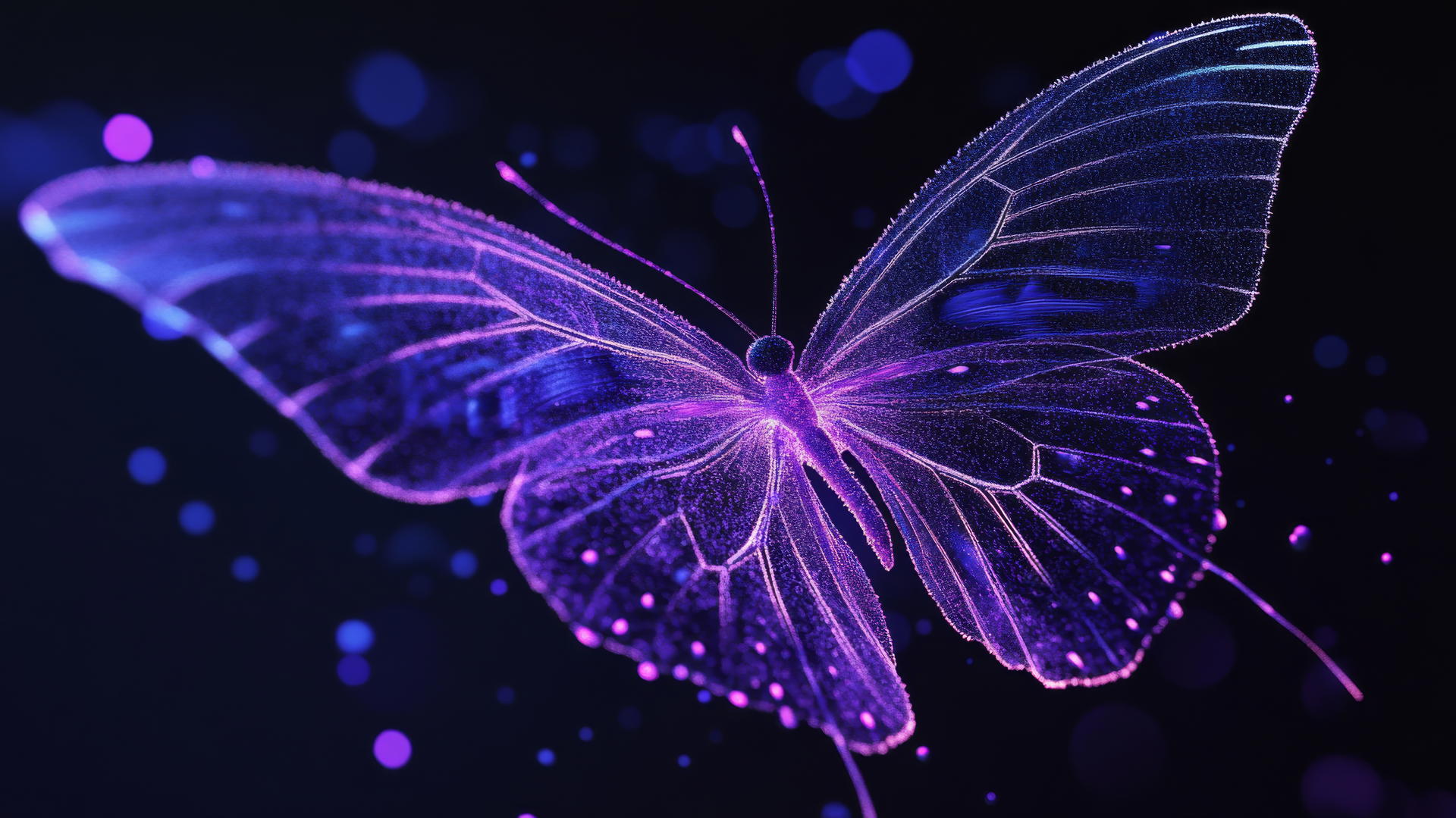 neon purple butterfly fluttering with light trails on black background