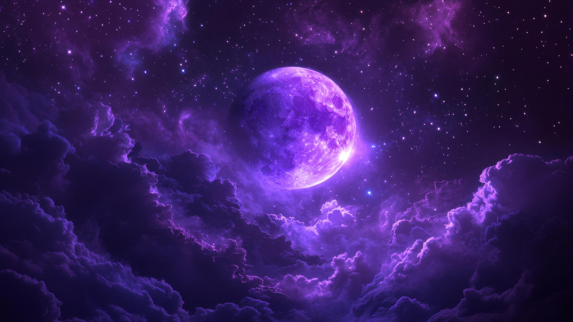 purple background wallpaper with glowing moon, stars, and purple clouds