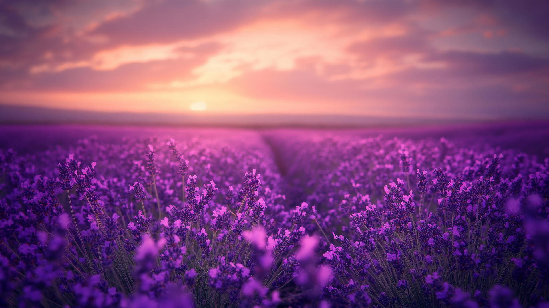 A field of wild purple lavender flowers with a hazy sunset sky