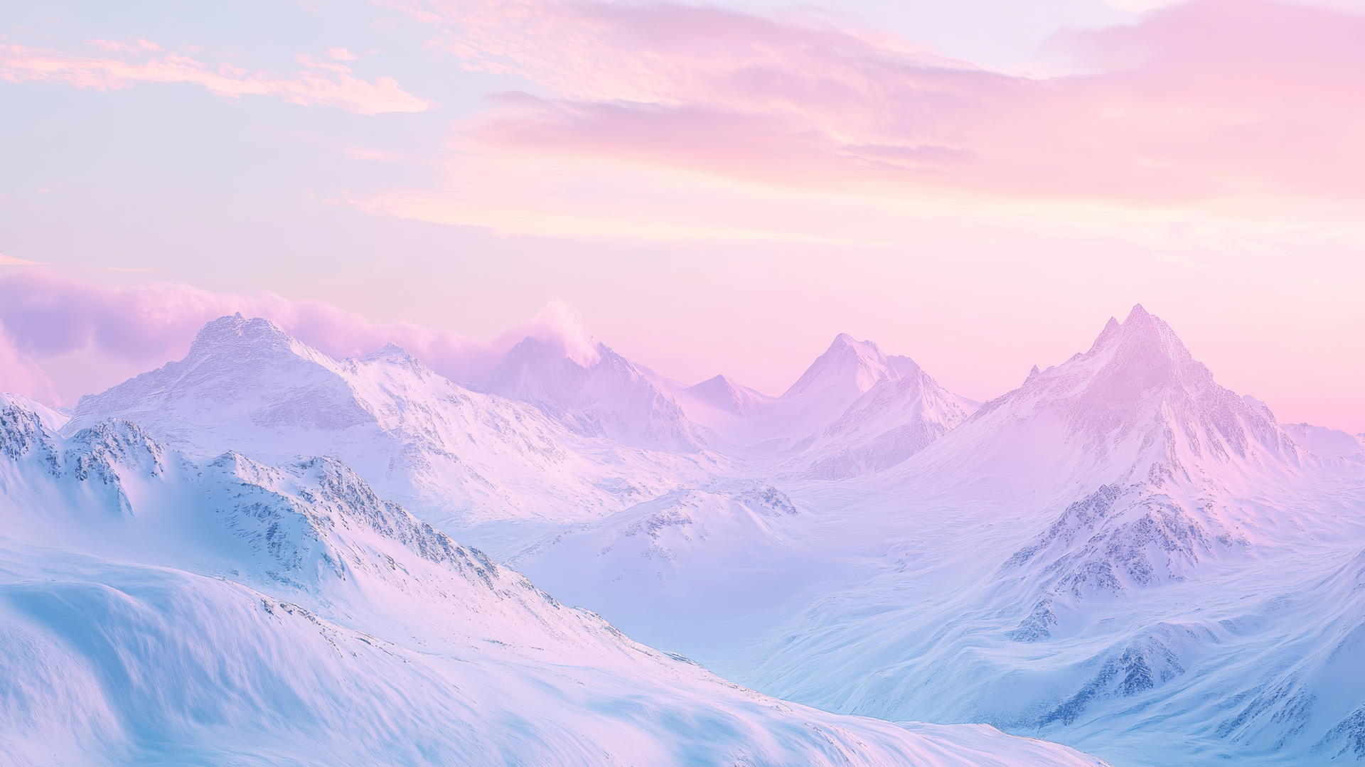 pastel-colored snowy mountain range at sunrise with pink and lavender skies, winter aesthetic wallpaper