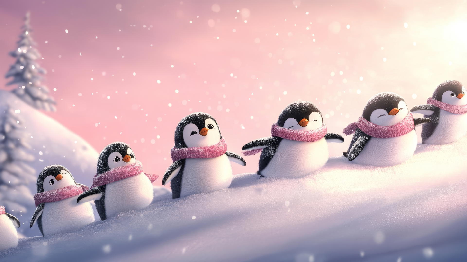 cute winter wallpaper with fluffy penguins sliding down a snowy hill under a pink sky