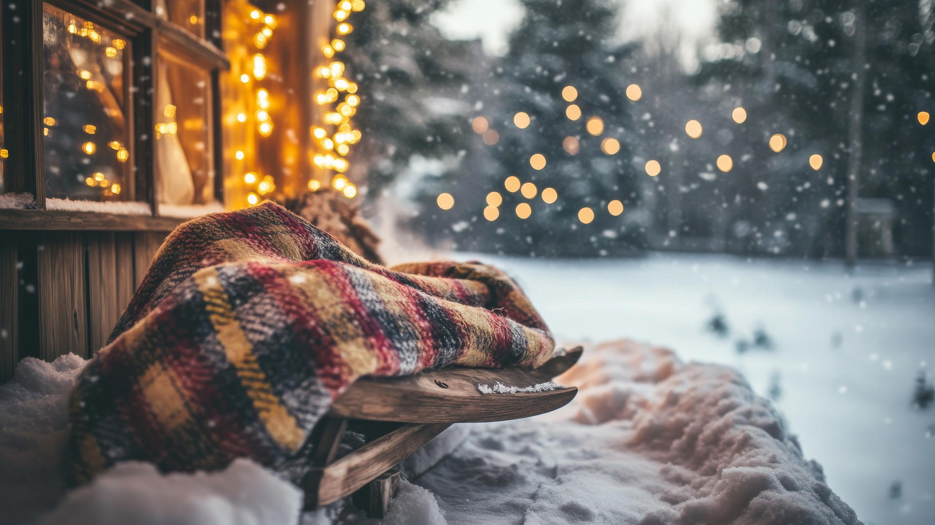 cozy winter iPhone wallpaper with vintage sled and plaid blanket on snow-covered porch, fairy lights glowing