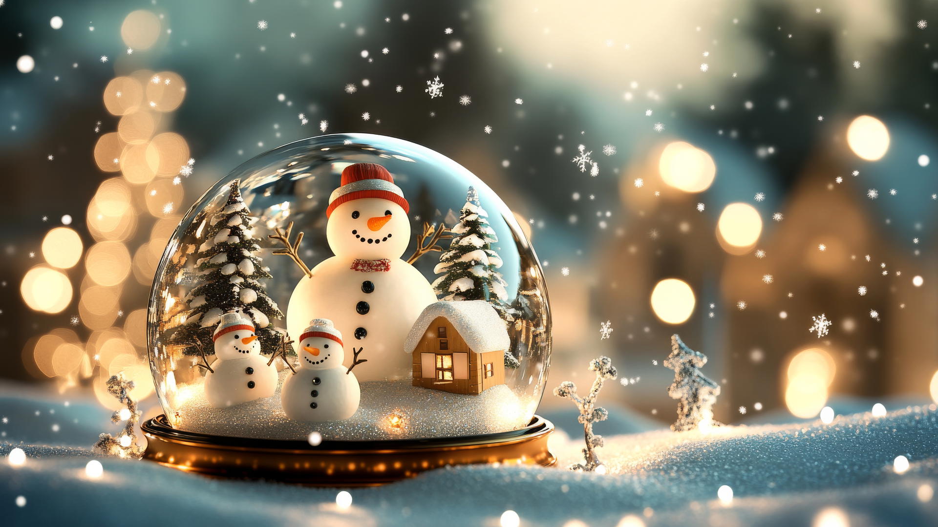cute winter wallpaper with a kawaii snow globe, tiny winter village, smiling snowmen, and twinkling lights