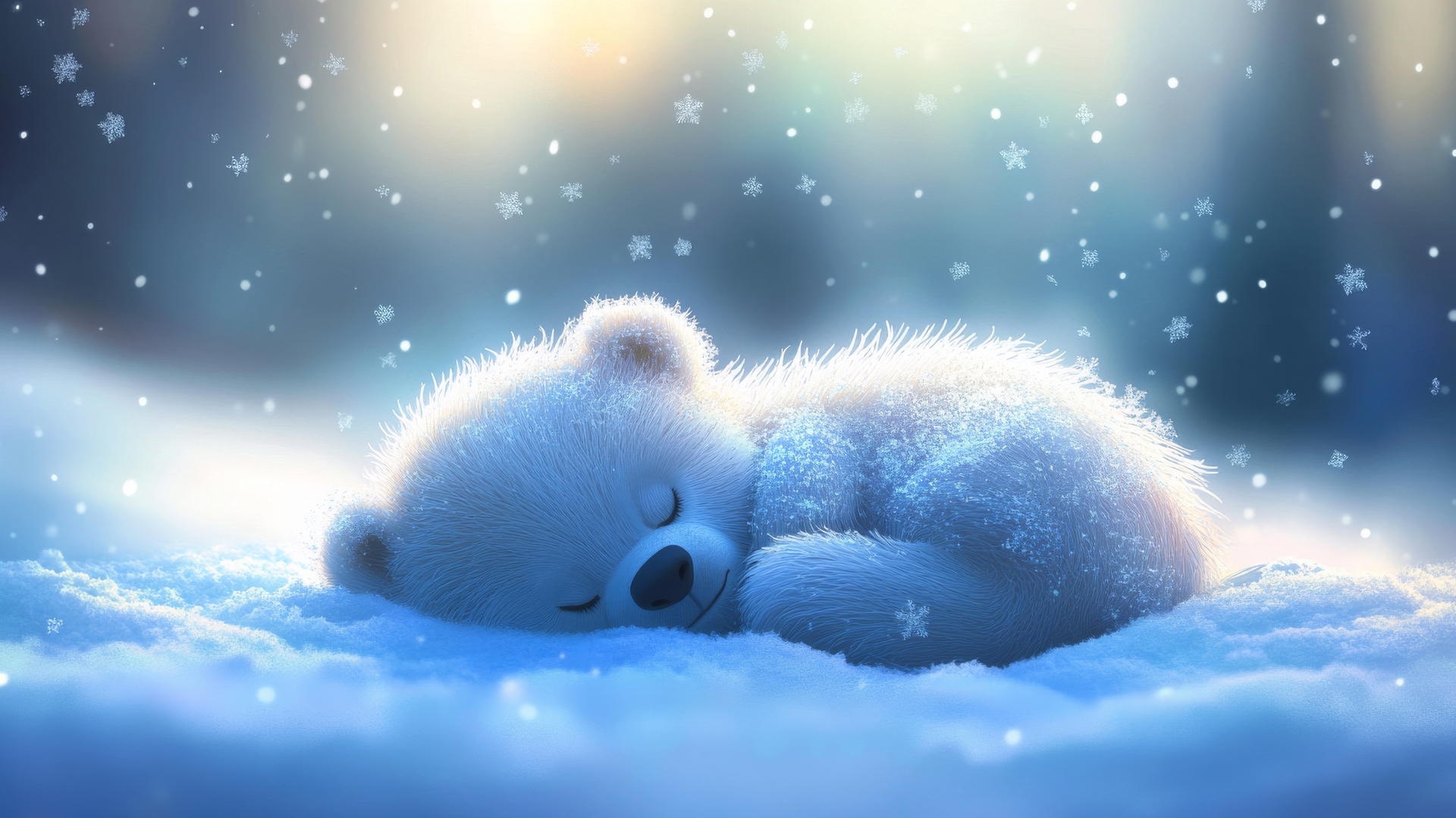 cute winter wallpaper with a sleepy bear curled in the snow with snowflakes