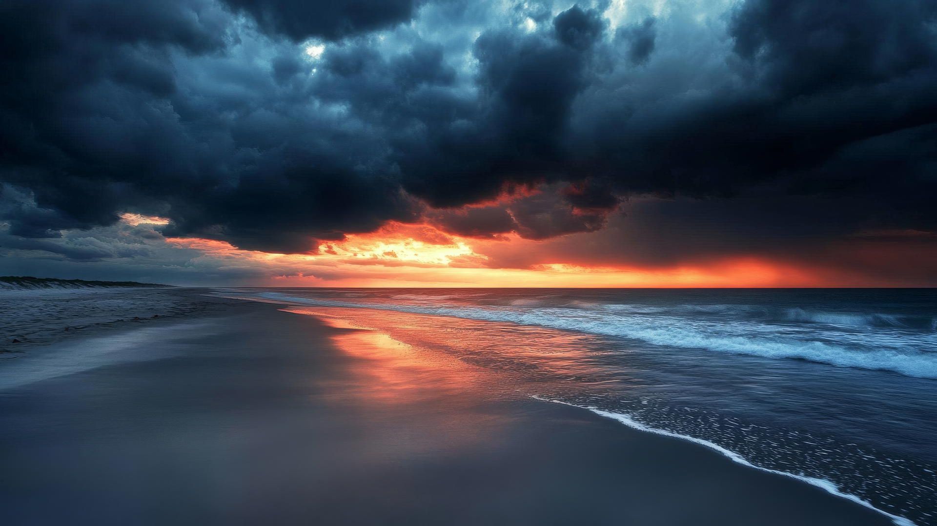 a dramatic beach wallpaper with stormy sunset, dark clouds, and glowing horizon