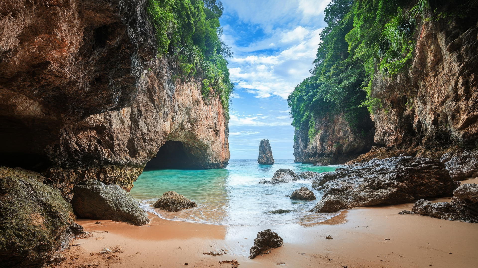 Wallpaper beach with secluded cove, rocky cliffs, and lush greenery