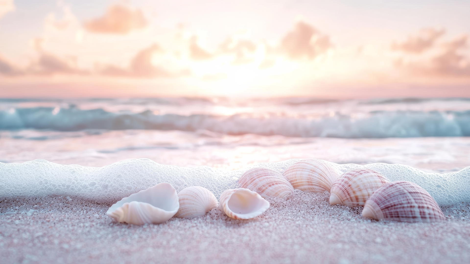 aesthetic beach wallpaper with pastel skies, seashells, and gentle waves