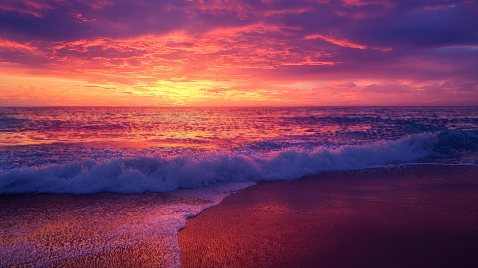 beach sunset wallpaper with deep oranges, pinks, purples, and gentle waves