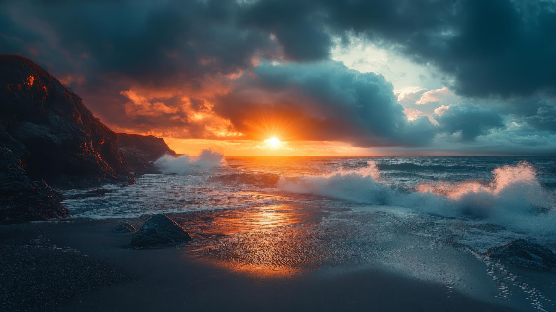 beach sunset wallpaper with rocky shore and crashing waves