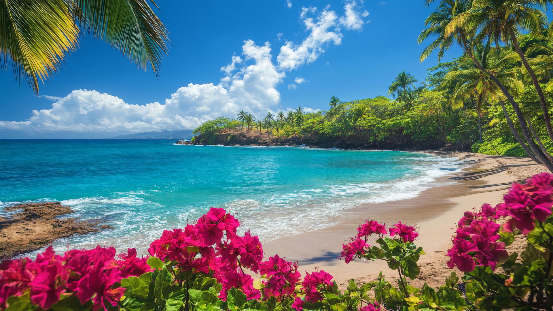 tropical beach wallpaper with lush palm trees, turquoise water, and bright flowers