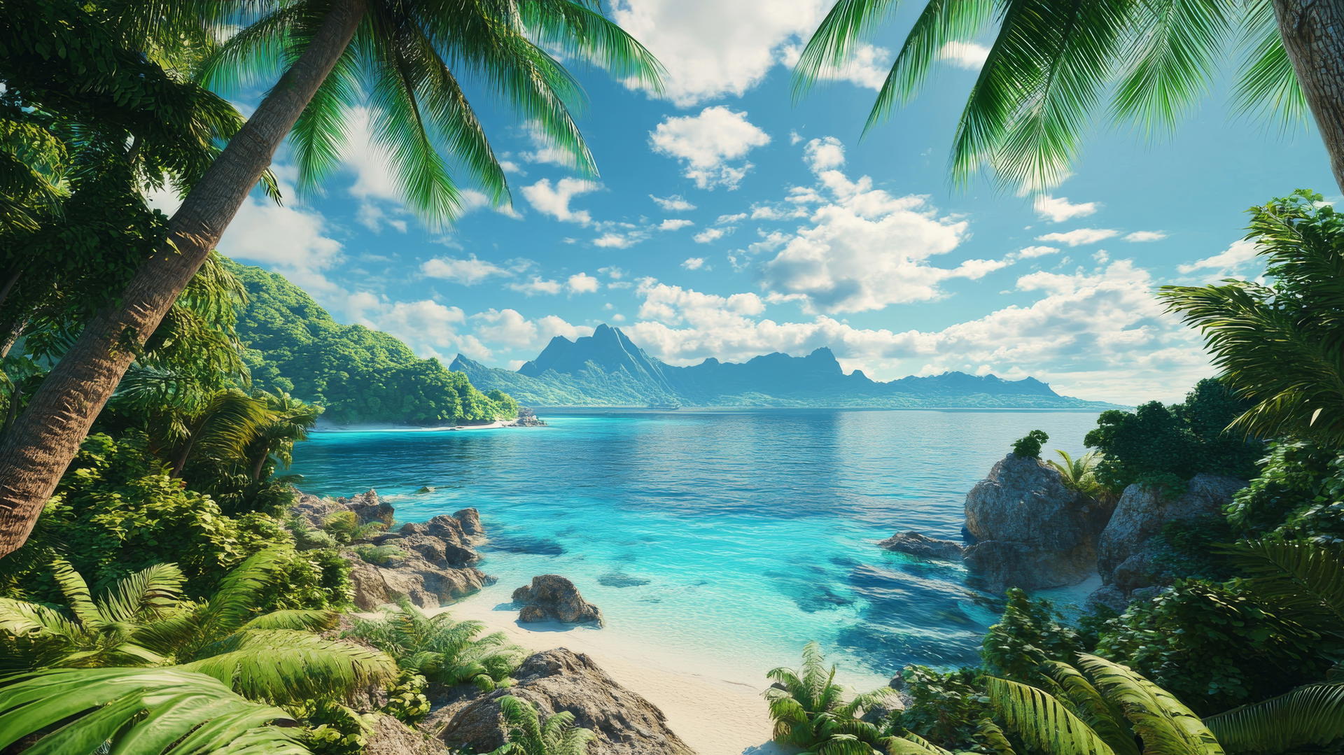 4K panoramic view of tropical paradise with lush greenery, palm trees, and crystal-clear ocean water, beach wallpaper 4k