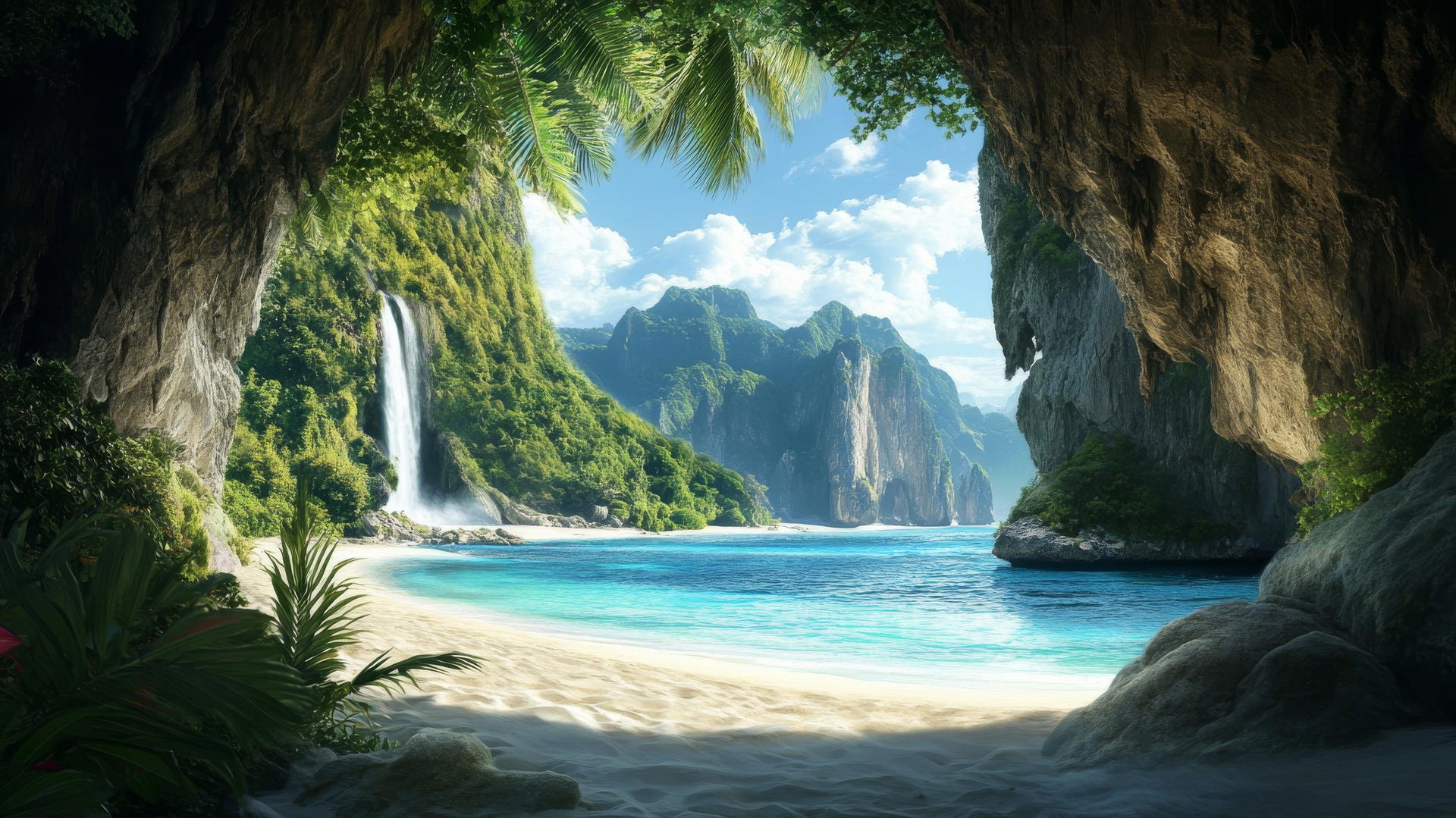 tropical beach wallpaper with cliffs, white sand, blue water, and distant waterfall