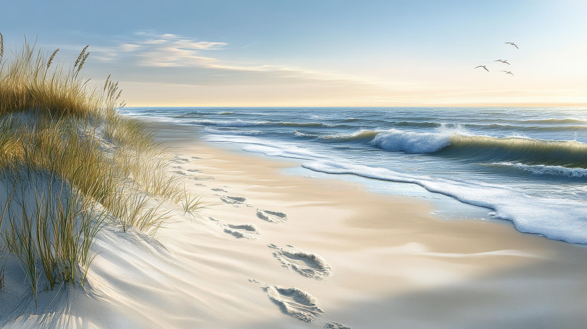 beach themed wallpaper with gentle waves, footprints in the sand, and dune grass swaying