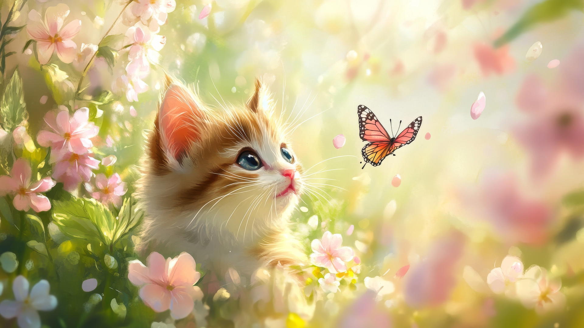 cute spring wallpaper with kittens playing among blooming flowers and chasing butterflies