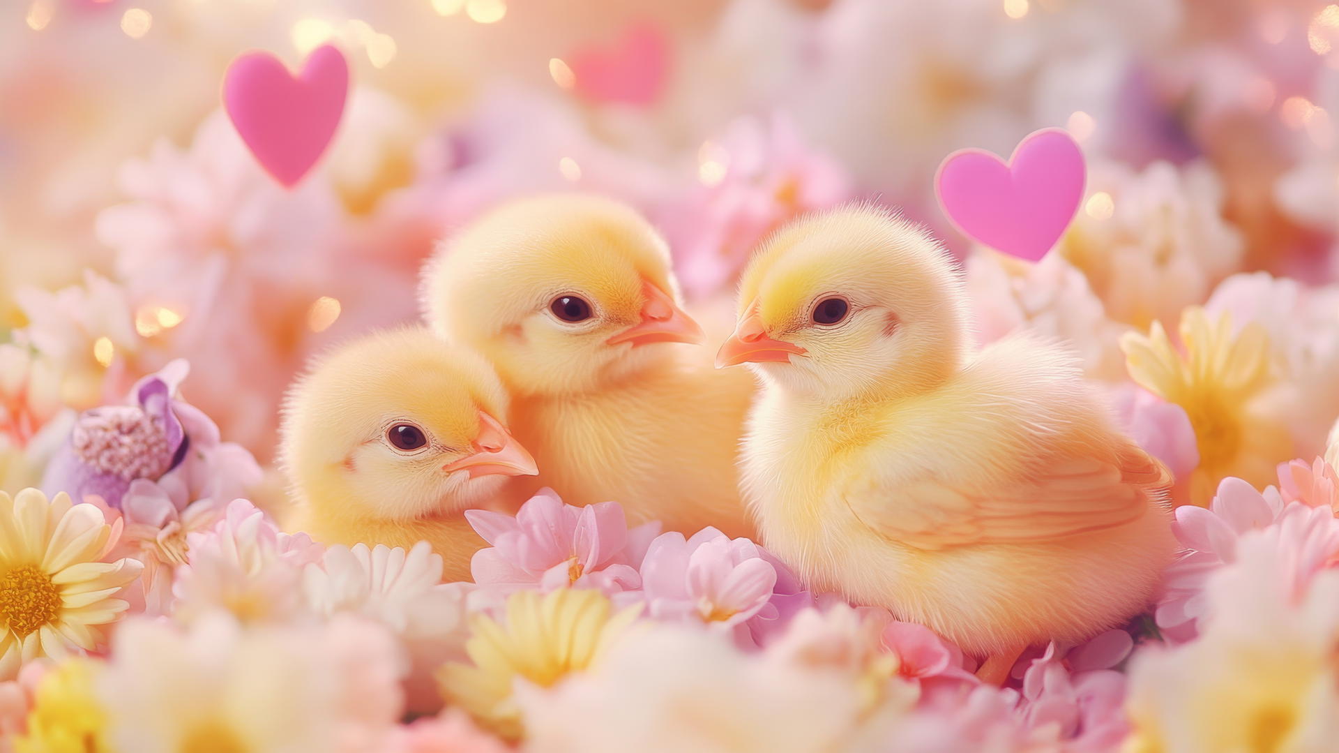 cute spring wallpaper with baby chicks and pastel hearts