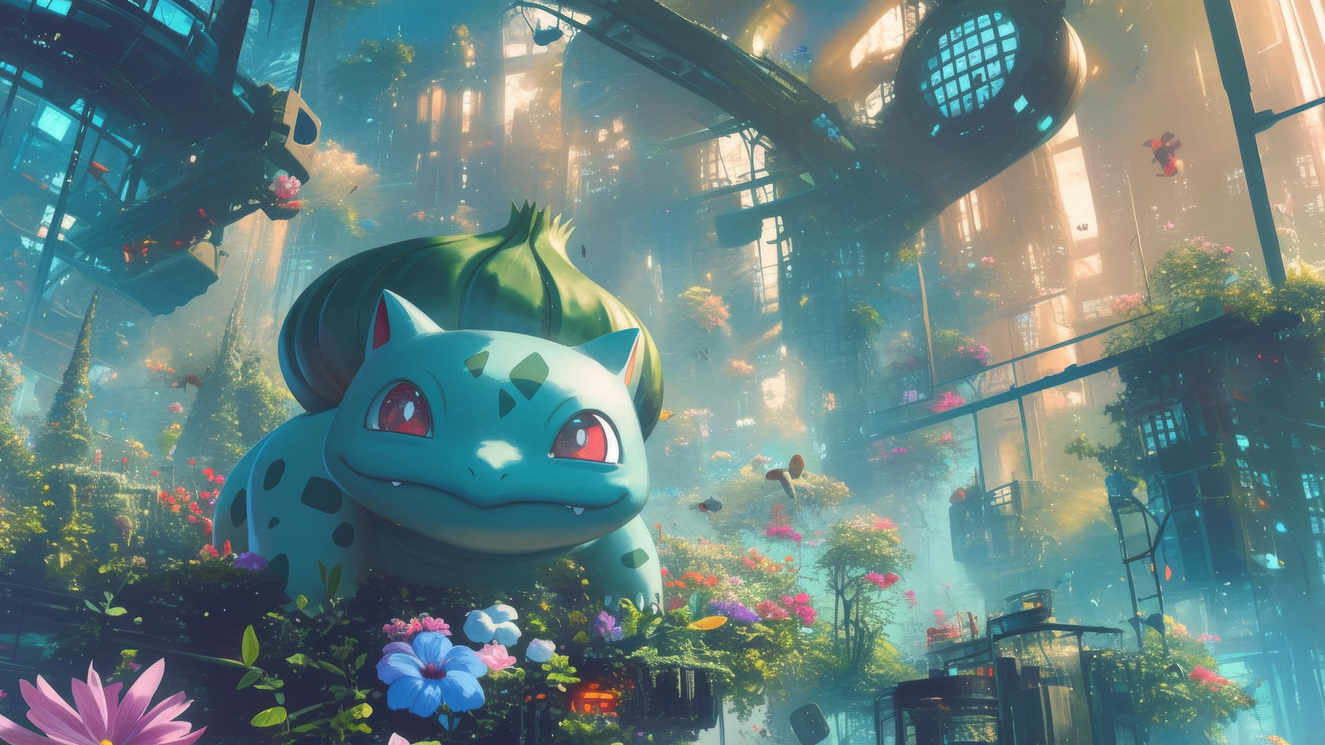 pokemon bulbasaur in a cybernetic garden with mechanical and organic plants