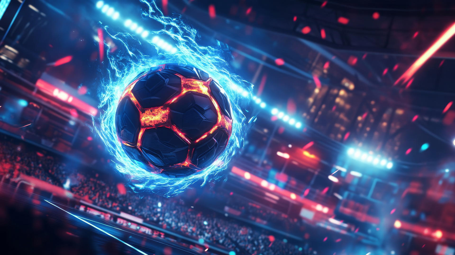 High-tech soccer ball glowing with energy, flying toward goalpost, cool wallpapers for boys