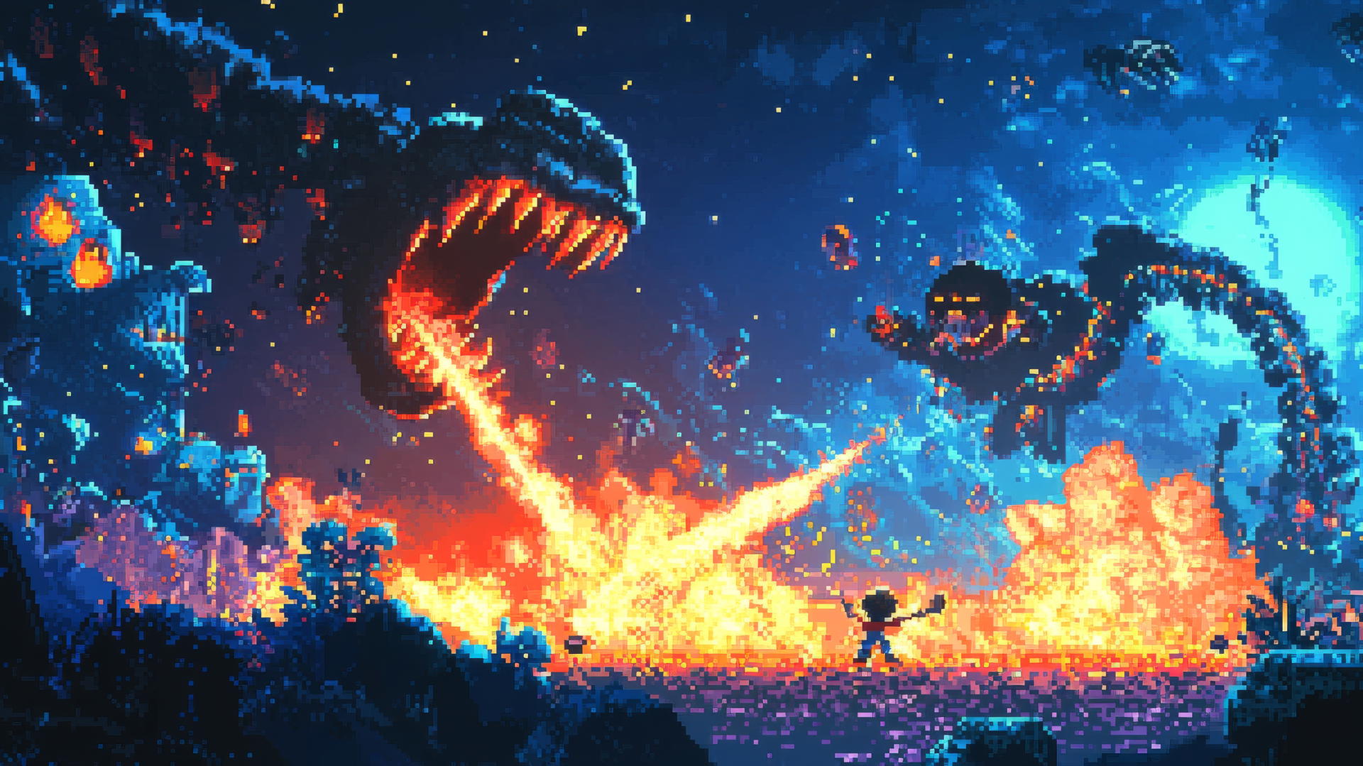 cool wallpapers for boys in retro arcade game style with pixel art showing boy battling digital monsters