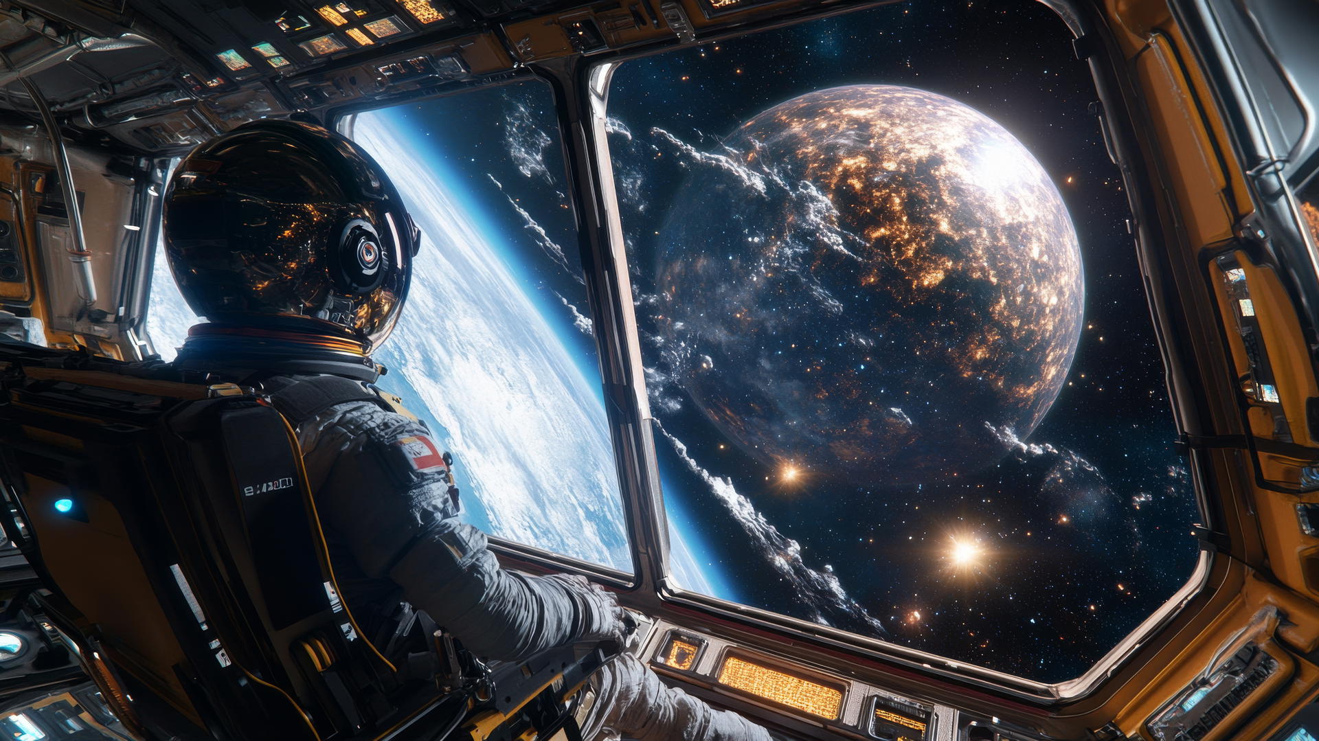 3D-rendered space scene with young astronaut in zero gravity, cool wallpapers for boys