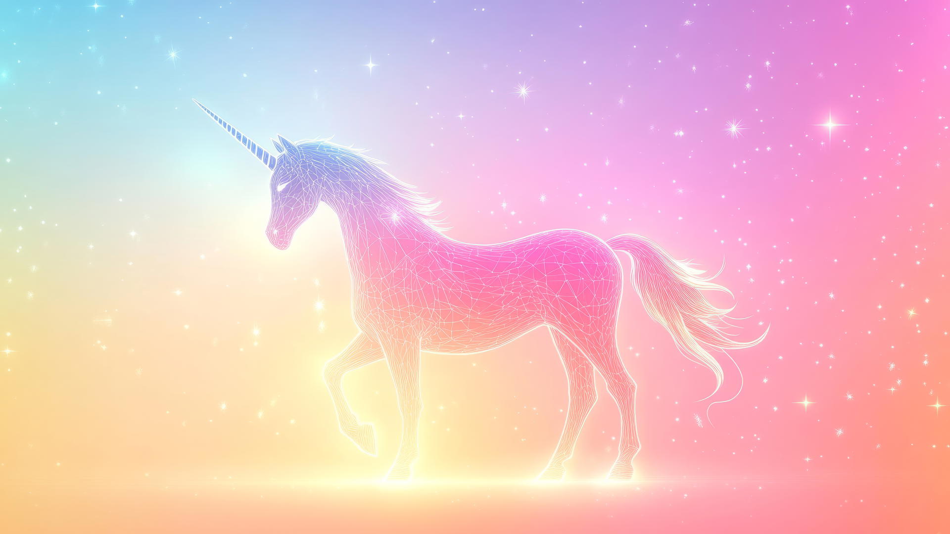 Glowing unicorn outline in neon against pastel background with star accents