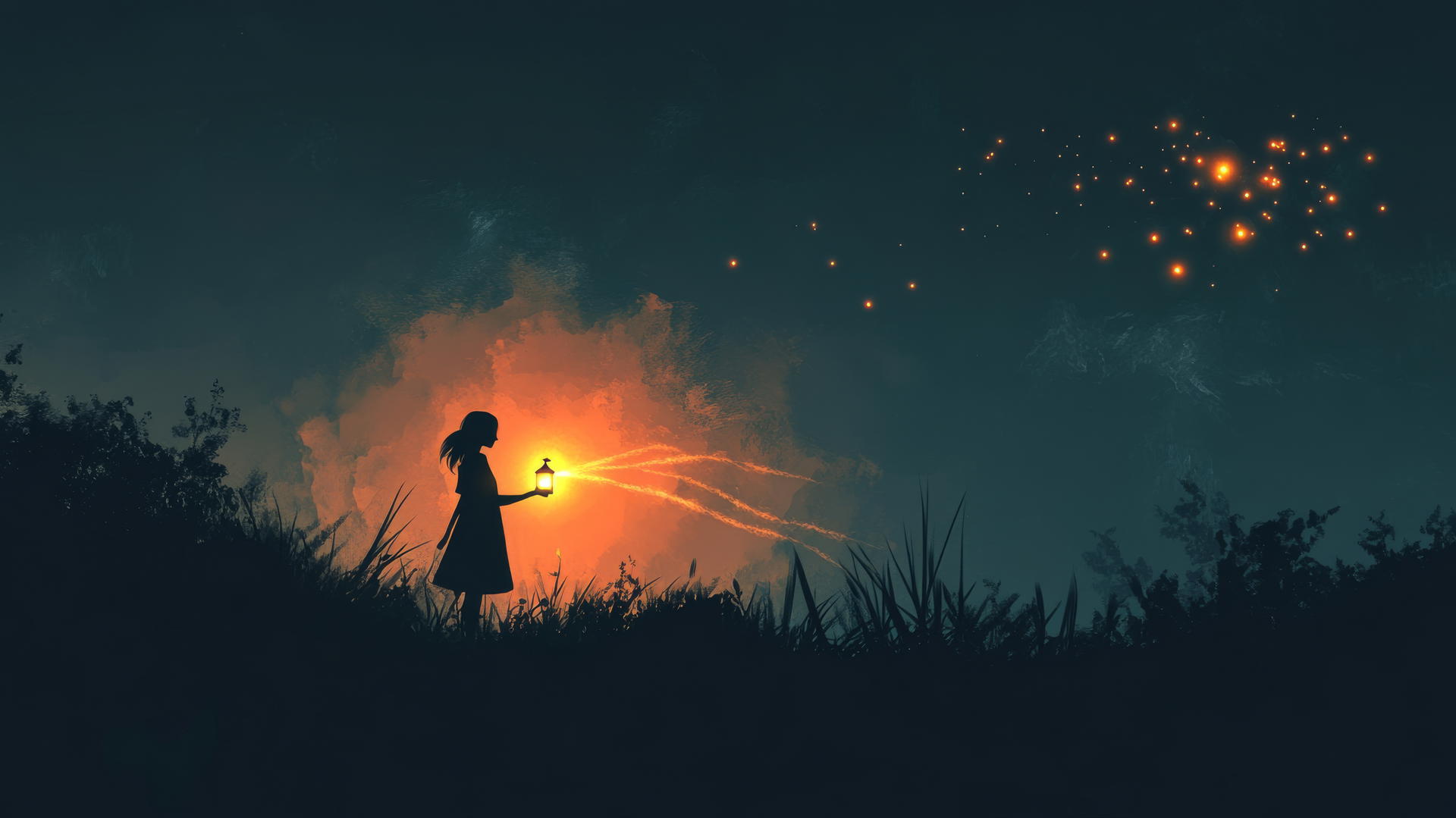 Minimalist girl holding glowing lantern with light beams against dark night