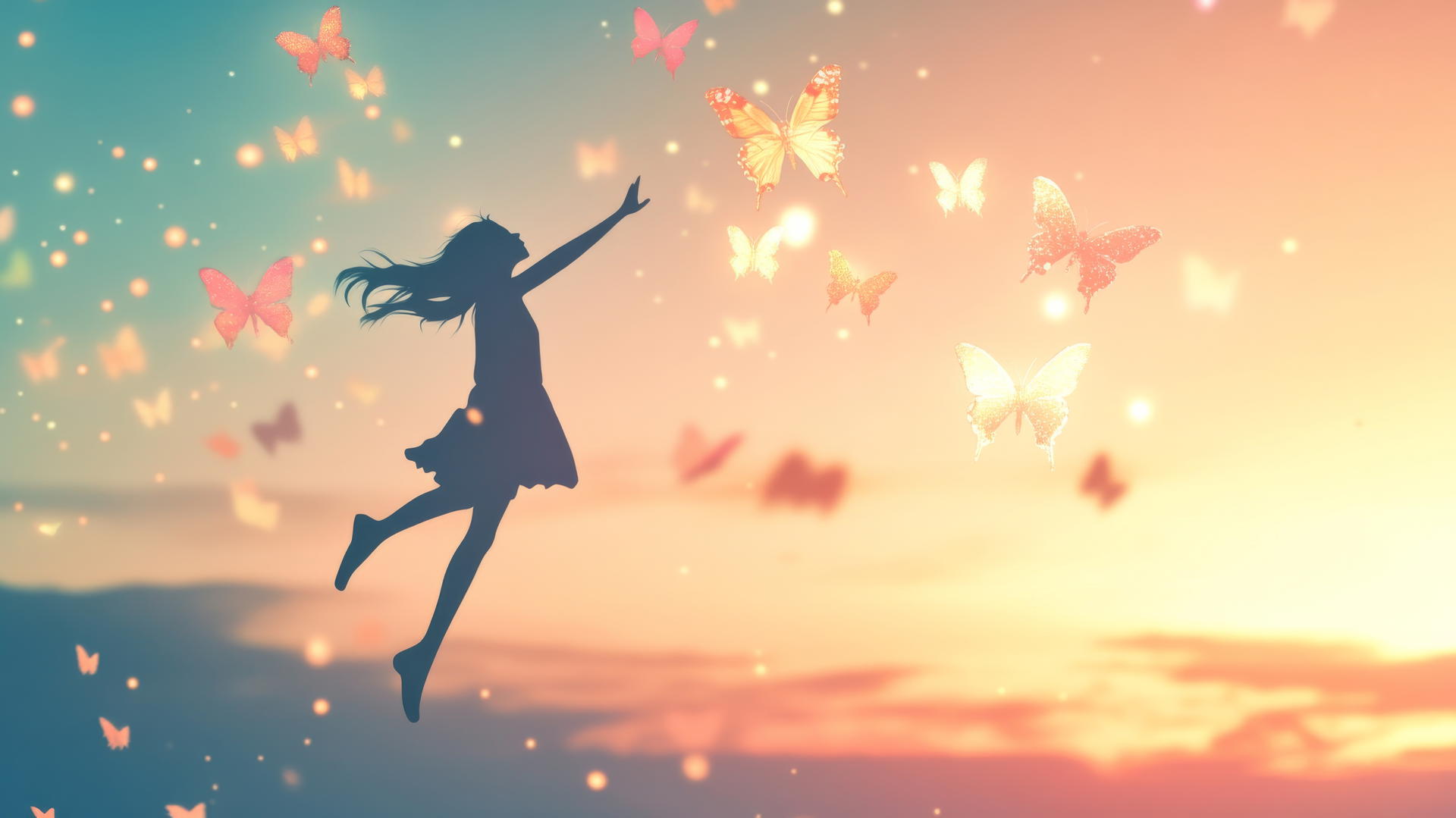 minimalist outline of a girl jumping with glowing butterflies and pastel sky