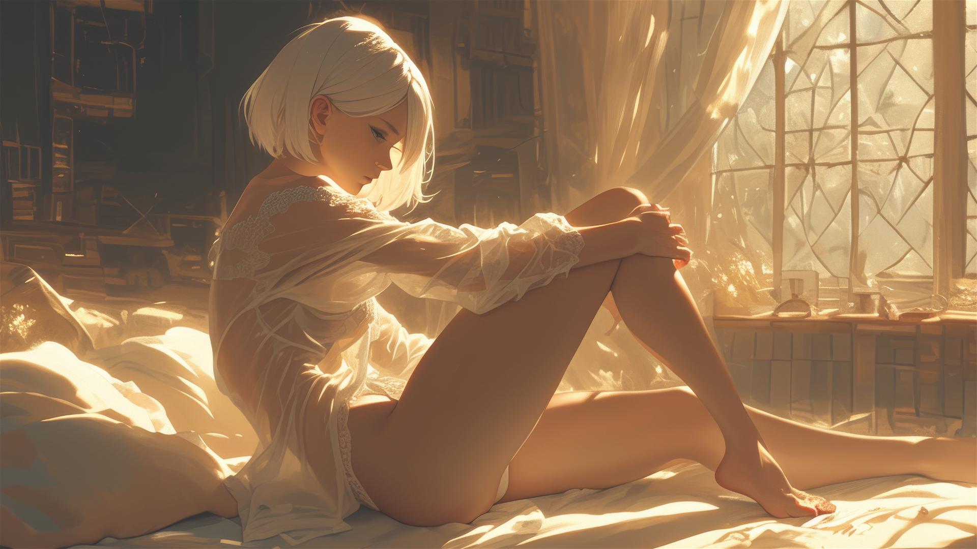 2B from Nier in white silk pajamas resting at sunrise.