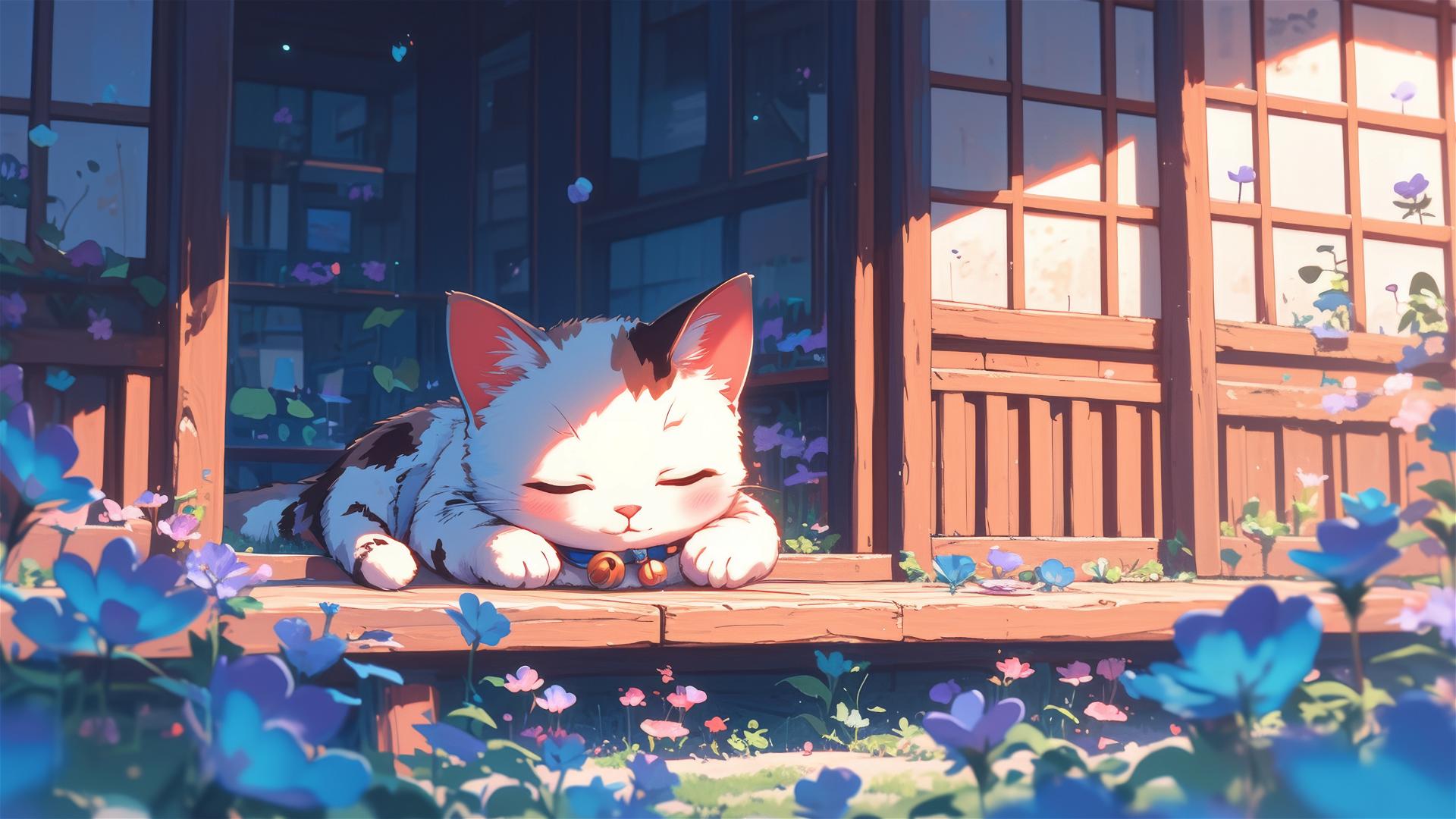 Colorful Japanese anime-style illustration of a sleeping British Shorthair surrounded by flowers