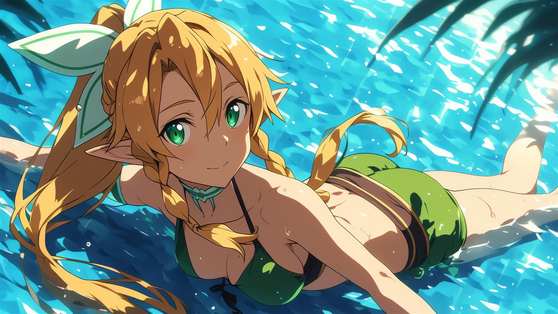 Leafa from Sword Art Online swimming in a pool under moonlight