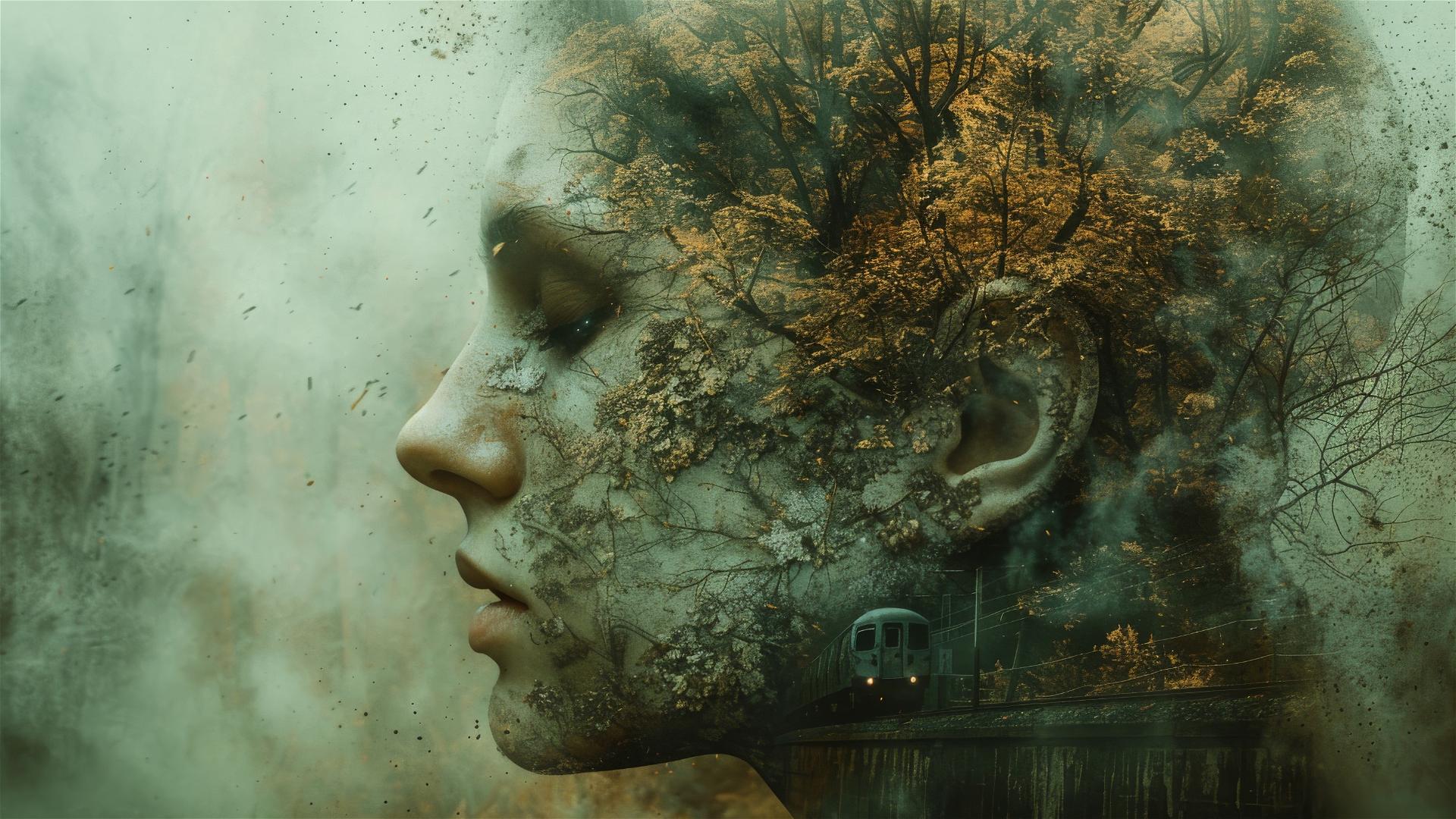 Surreal human head with train passing through, against decay backdrop.