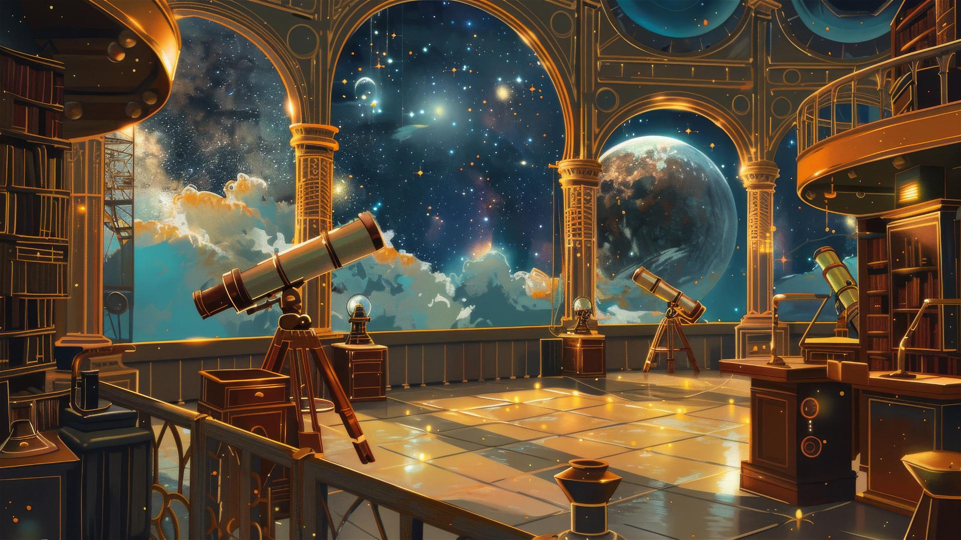 Ghibli-inspired observatory with telescopes and starry skies.