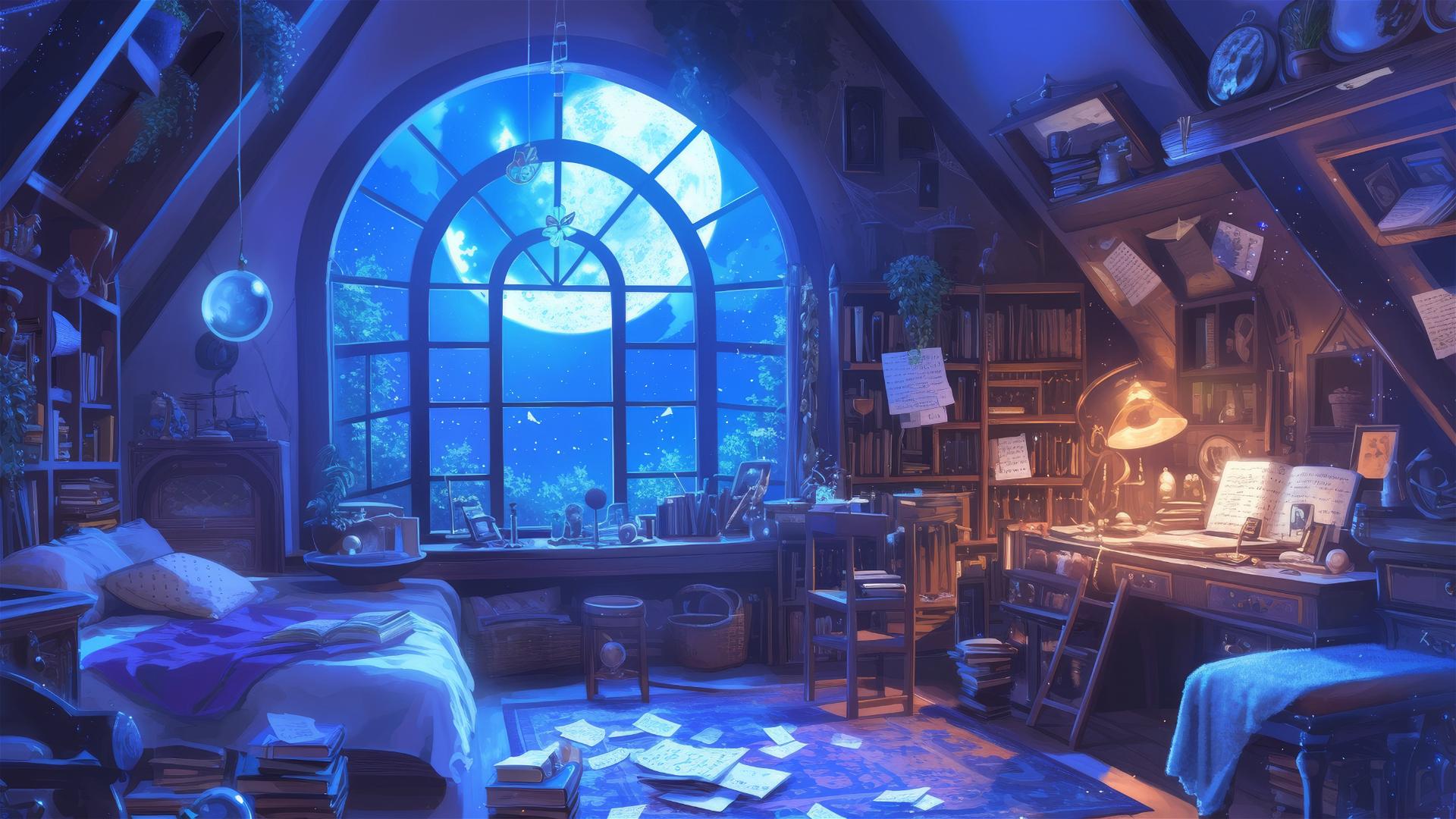 Ghibli-style attic bedroom with moonlight and magical trinkets.