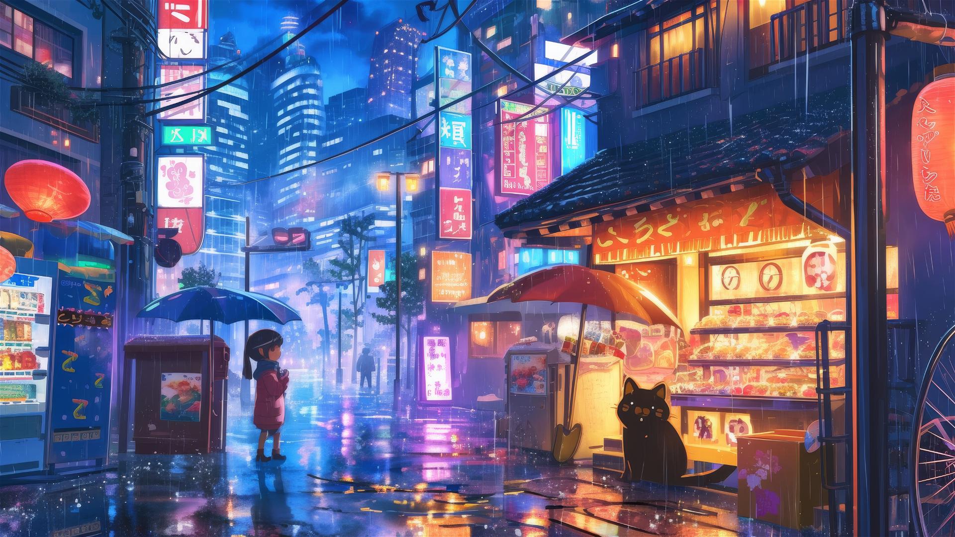 Anime cityscape at night, Ghibli style, with neon reflections and whimsical characters.