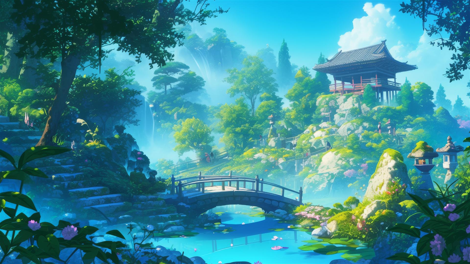 Serene Ghibli-style anime garden with samurai and mythical creatures.