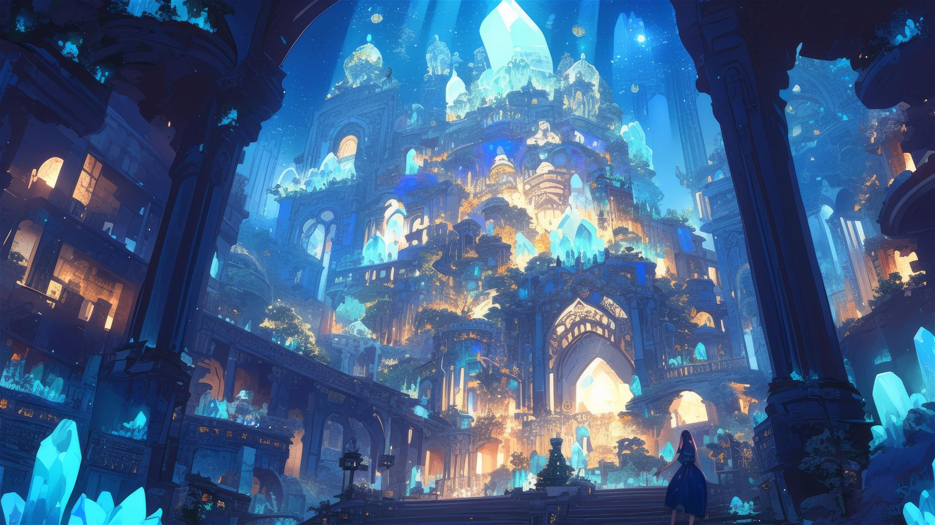 Ghibli-style underground city with glowing crystals and mystical beings.