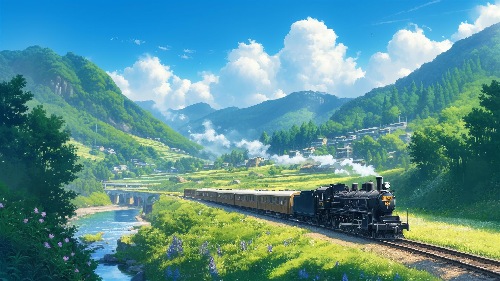 Anime-style Ghibli train journey through a magical landscape.