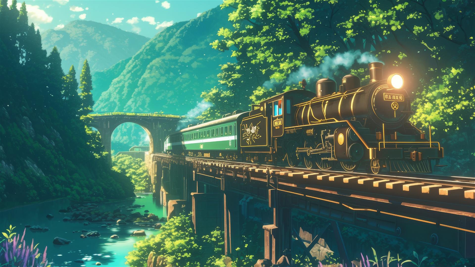 Ghibli-style anime train traversing time and space