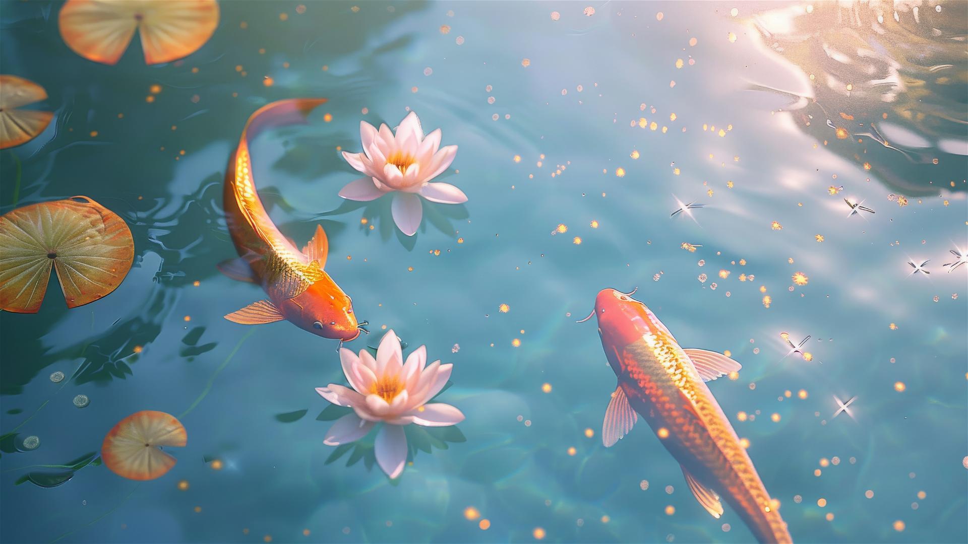 Golden koi fish in a clear lake with pink and gold lotus, under a sky with gold dust.