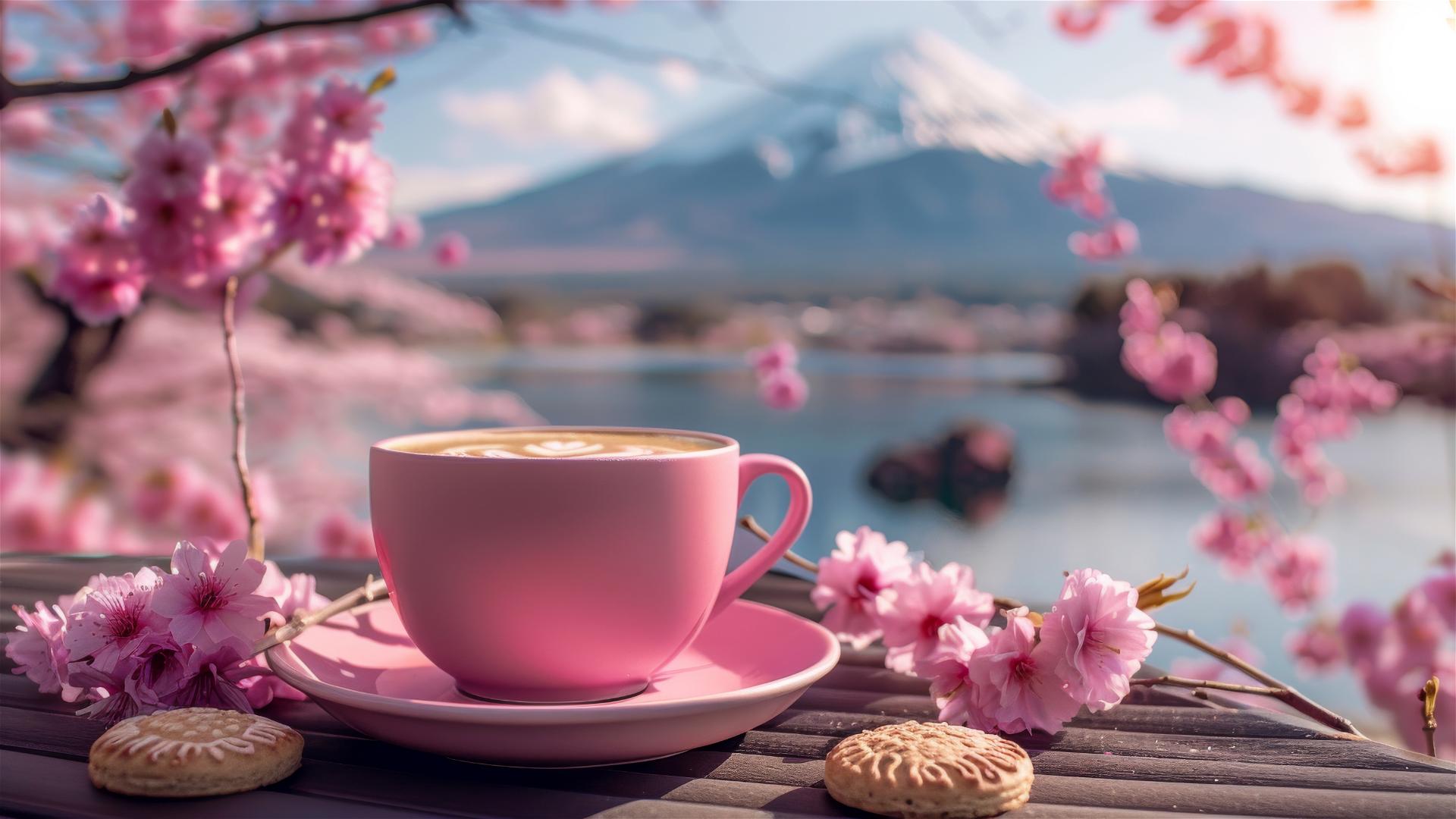 Pink coffee cup, cookies, sakura on table, Mount Fuji in background