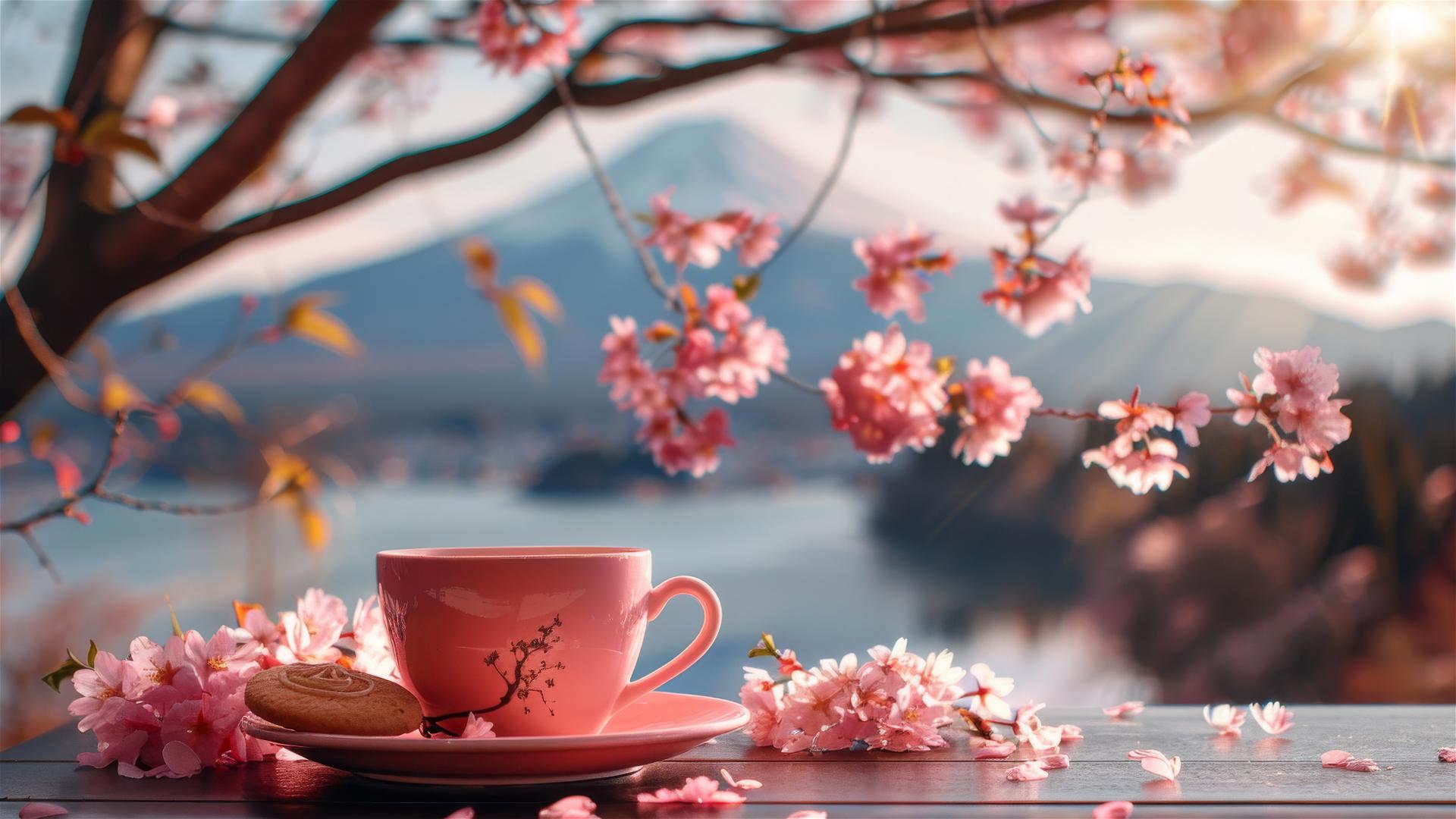 Pink coffee cup with cookies and sakura on table, Mount Fuji in background