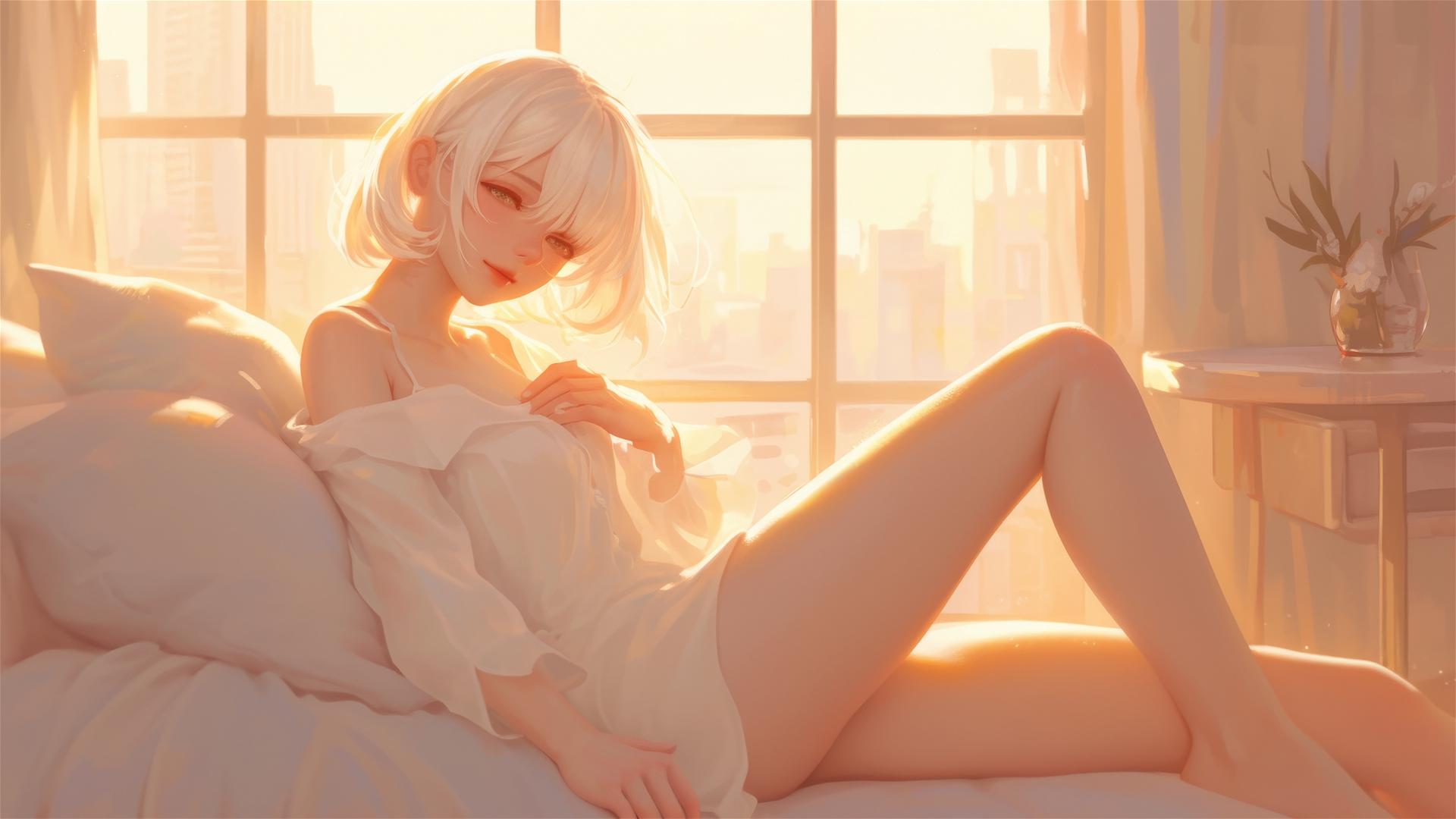 2B from Nier in white silk pajamas resting at sunrise.