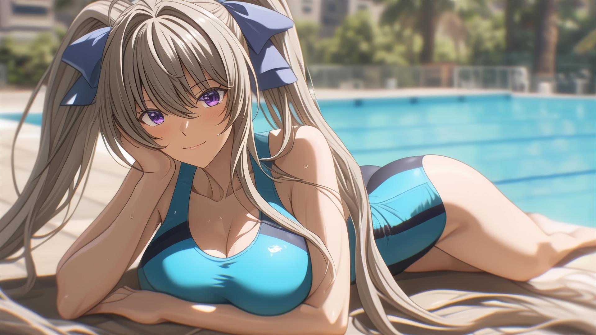 Irina Shidou from High School DxD by the pool under moonlight with violet eyes and twintails