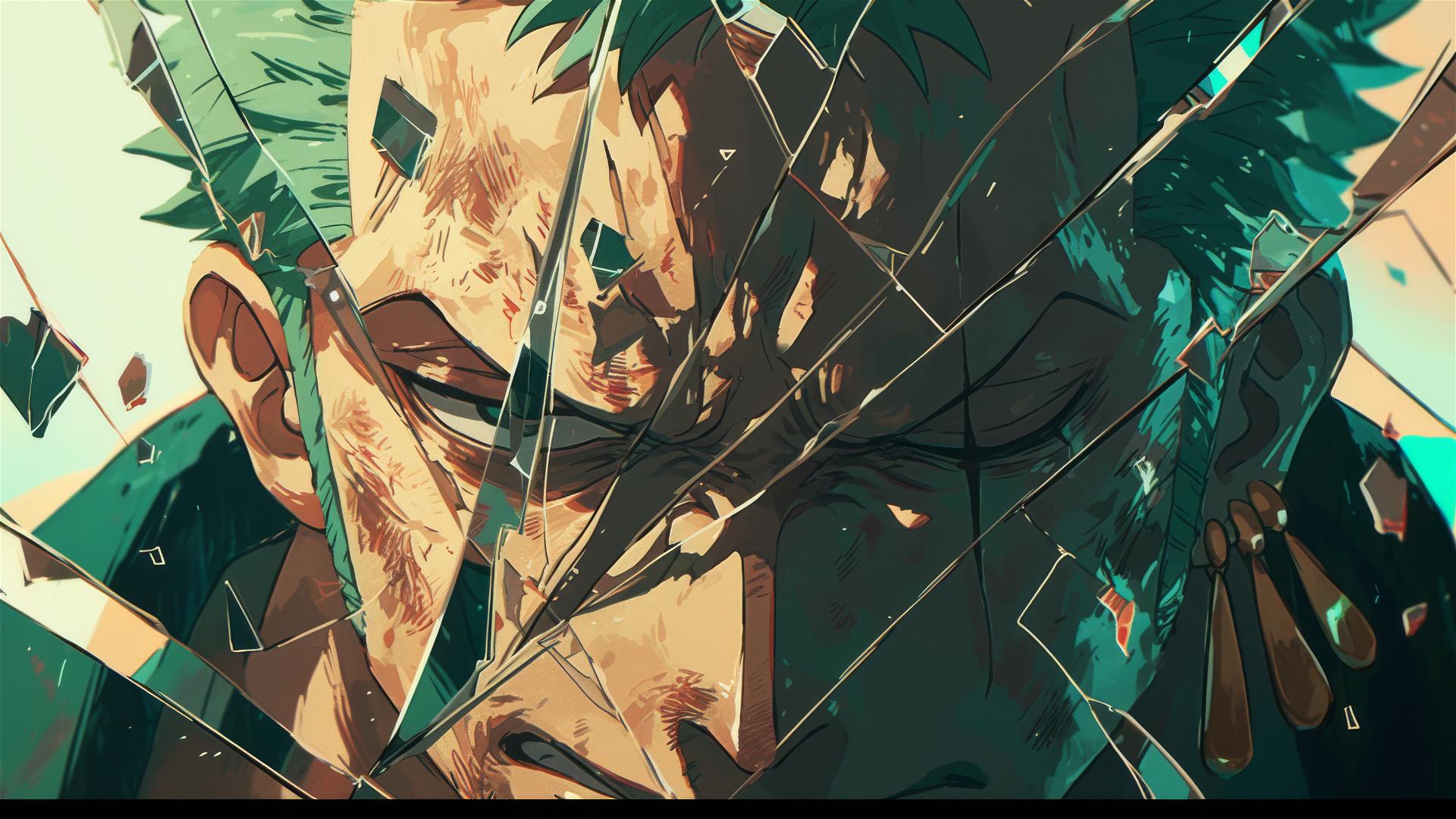 Roronoa Zoro's face reflected in broken stained glass shards