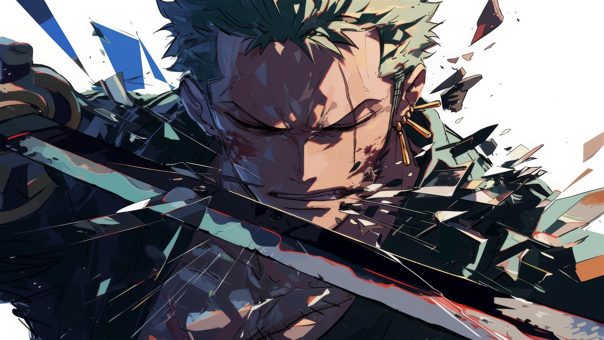 Roronoa Zoro reflected in the shard of a broken sword