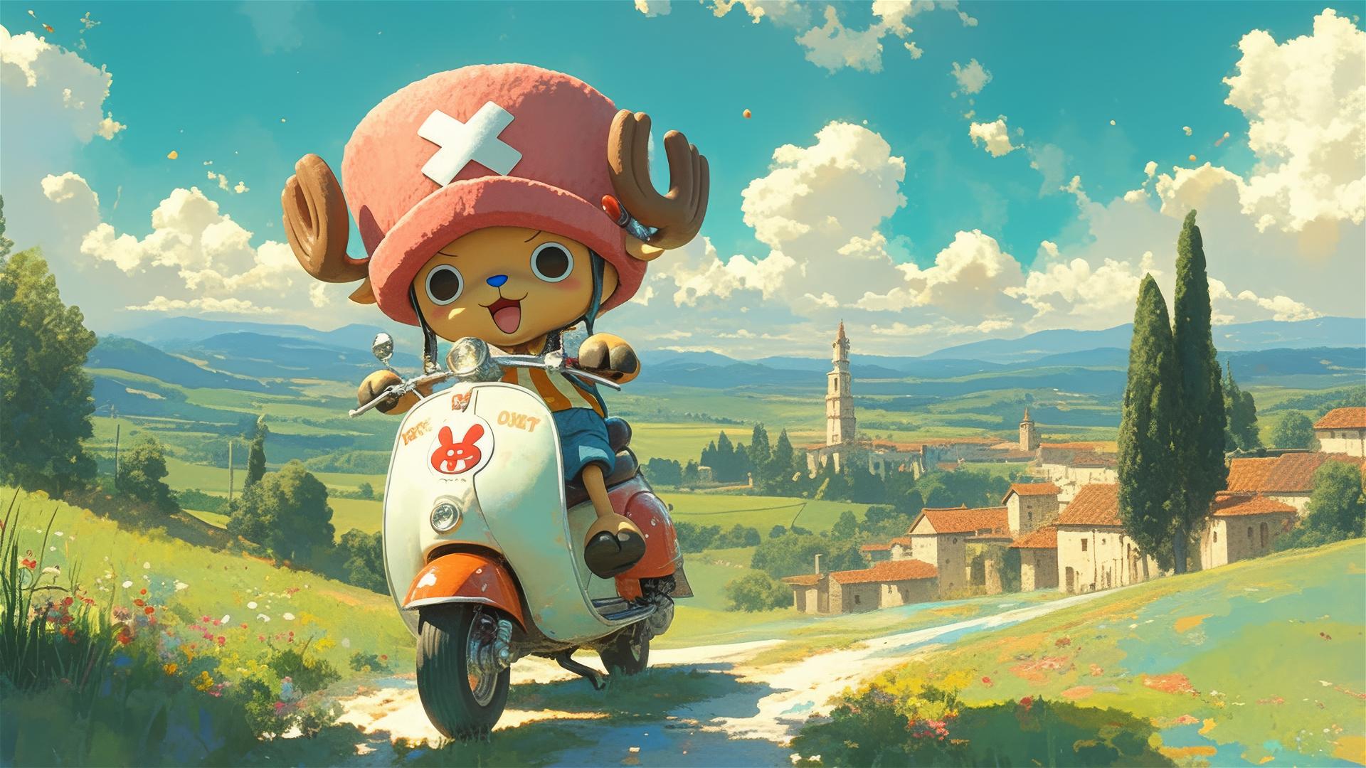 Tony Tony Chopper on scooter in countryside