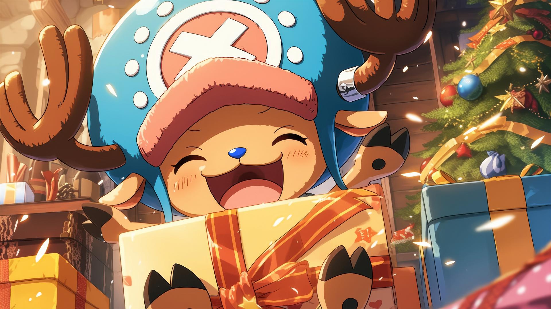 Tony Tony Chopper from One Piece giggling in a giant gift box at a party