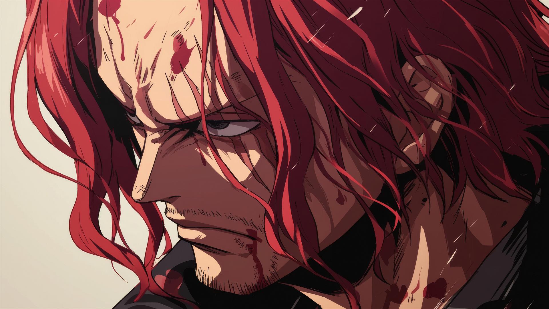 Close-up of Shanks from One Piece with an intense gaze