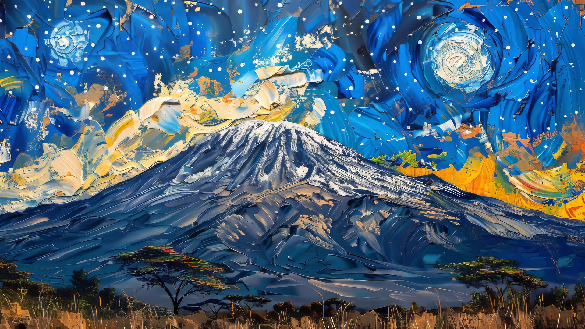 Mount Kilimanjaro at dawn with van Gogh Starry Night sky